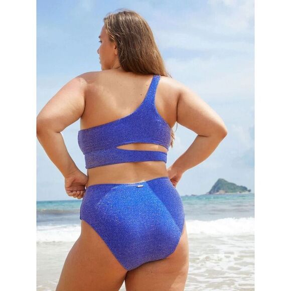 Berlook Lurex One Shoulder Bikini Top & High Waisted Bottoms Set Blue Size 16 - Picture 2 of 12